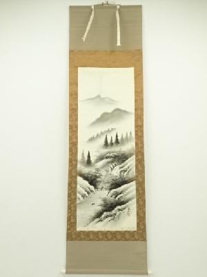 草風筆　水墨山水　肉筆絹本掛軸